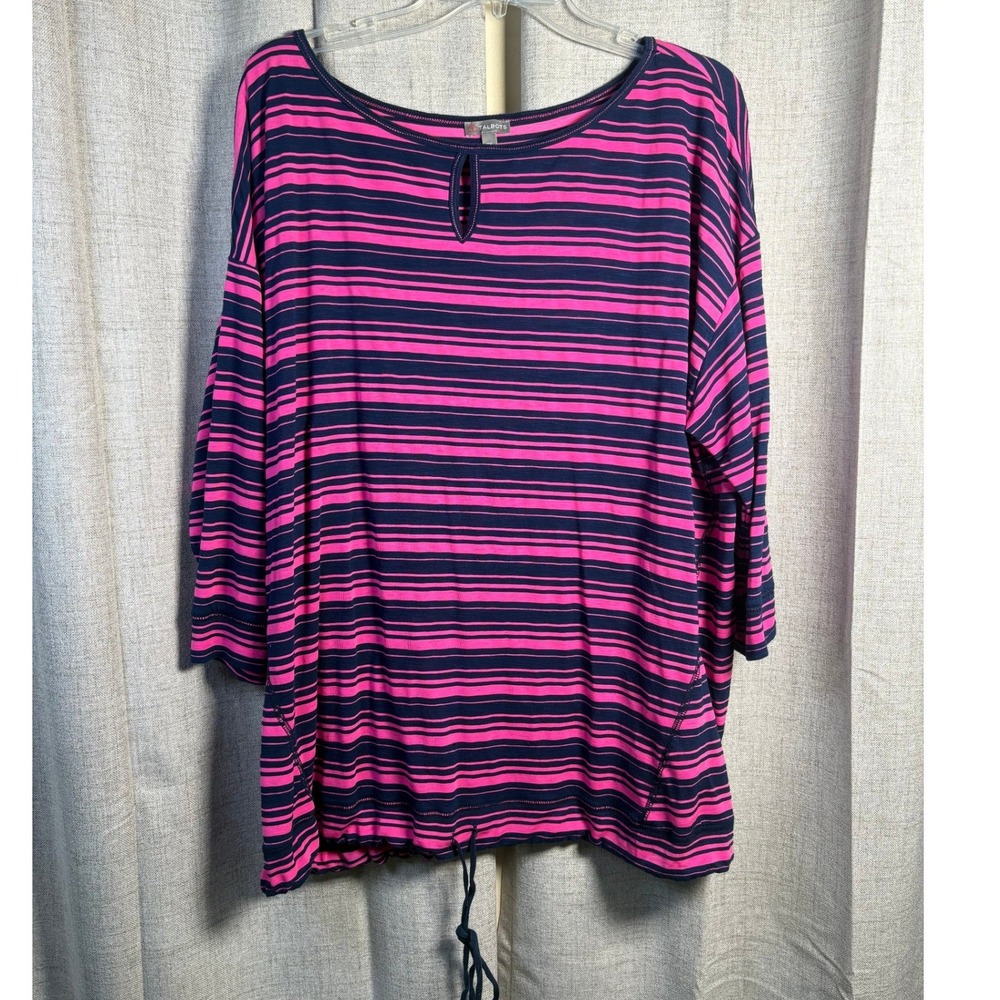 Talbots Pink Navy Blue Striped Keyhole Neck Drawstring Hem Top 2X